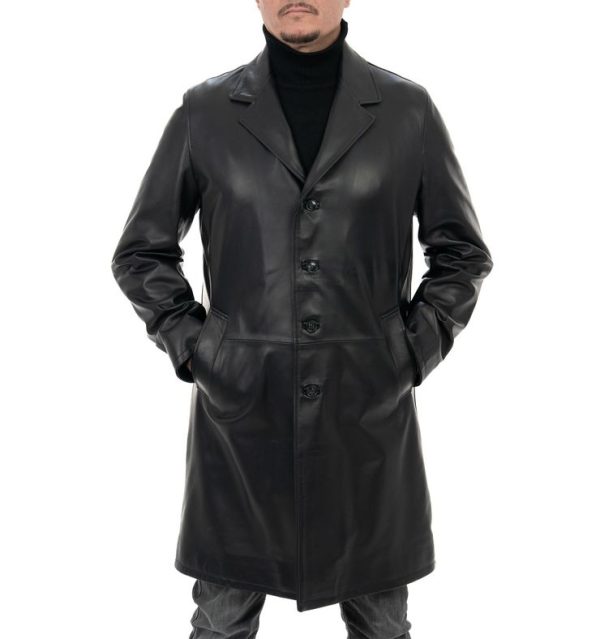 Cappottino lungo da uomo in vera pelle nero