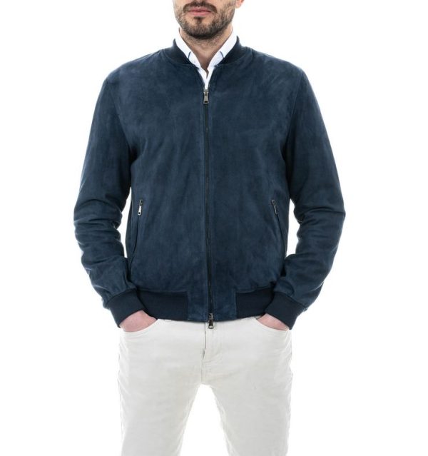 Bomber  da uomo in vera pelle scamosciato blu