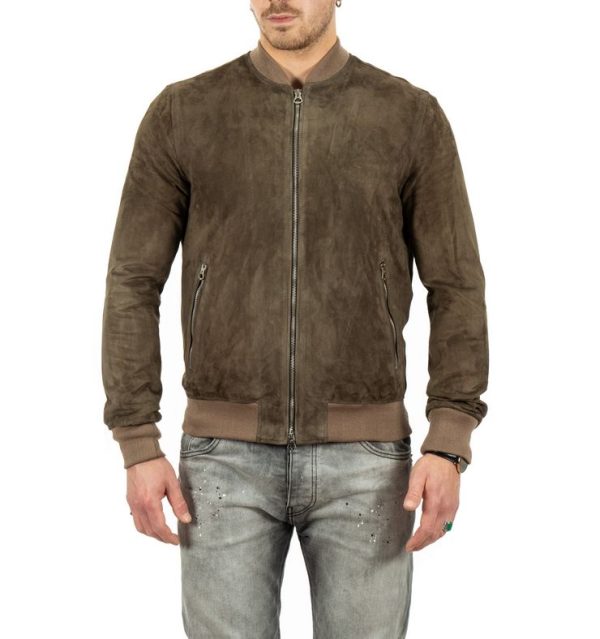 Bomber da uomo scamosciato in vera pelle fango