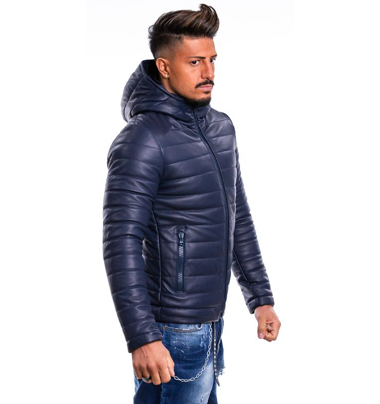 Piumino da uomo in vera pelle blu - immagine 2