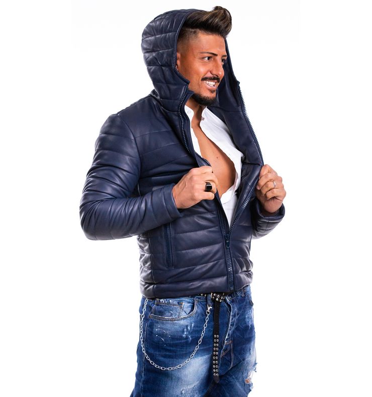 Piumino da uomo in vera pelle blu - immagine 3