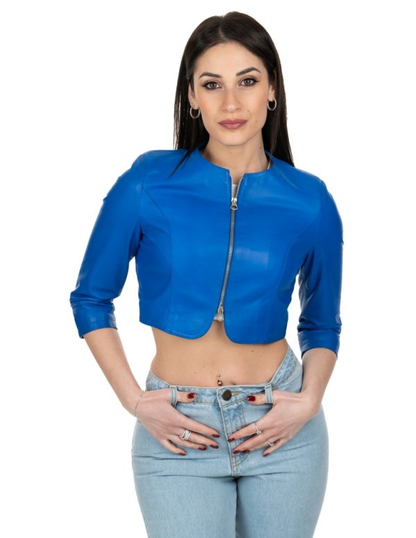 Bolerino da donna in vera pelle bluette