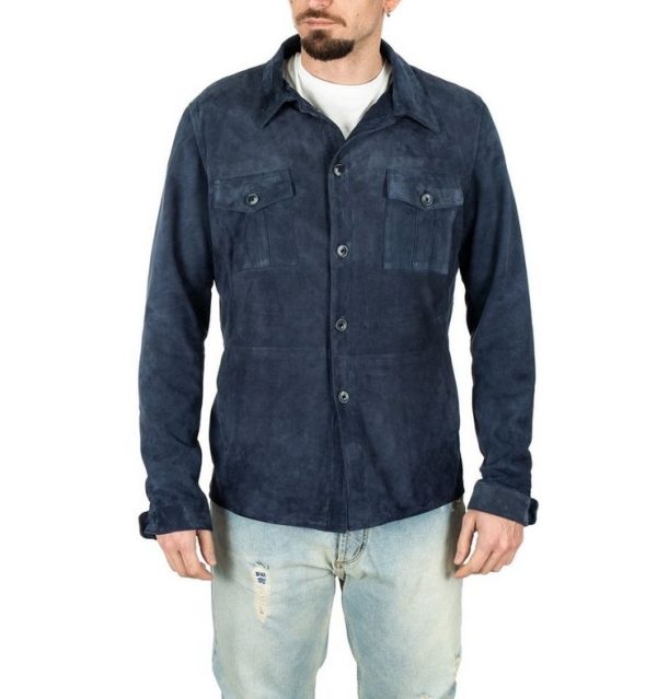 Camicia da uomo scamosciata blu in vera pelle