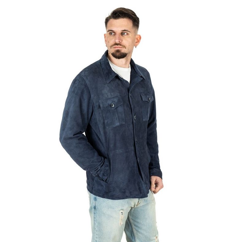 Camicia da uomo scamosciata blu in vera pelle - immagine 2
