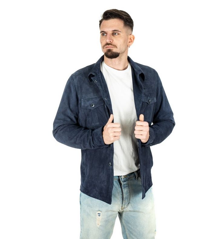 Camicia da uomo scamosciata blu in vera pelle - immagine 3