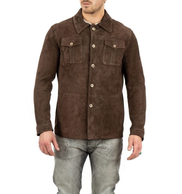 Camicia da uomo scamosciata in vera pelle moro