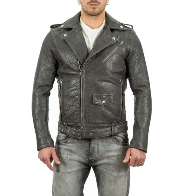 Chiodo grigio da uomo in vera pelle di vitello