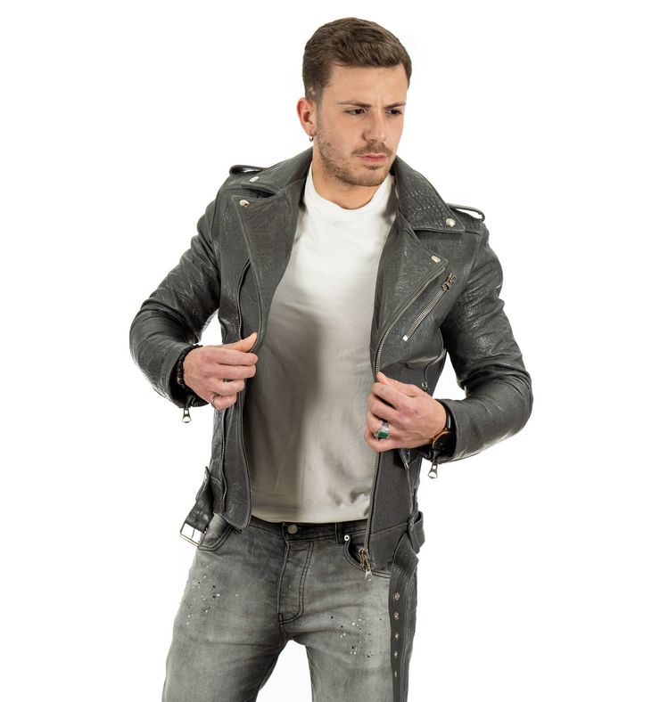 Chiodo grigio da uomo in vera pelle di vitello - immagine 3
