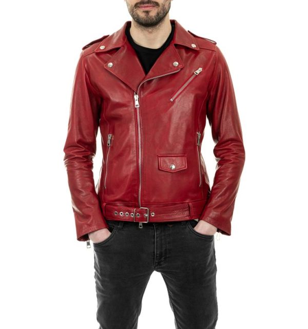 Chiodo Biker da uomo in vera pelle rosso