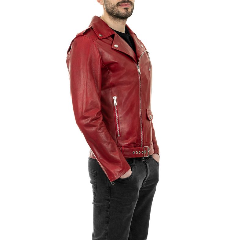 Chiodo Biker da uomo in vera pelle rosso - immagine 2