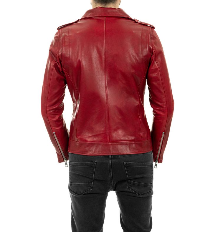 Chiodo Biker da uomo in vera pelle rosso - immagine 5