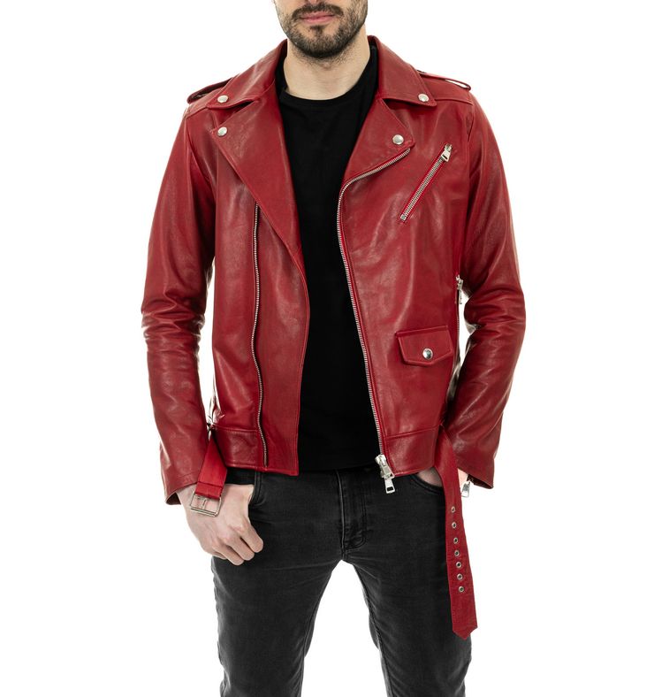 Chiodo Biker da uomo in vera pelle rosso - immagine 3