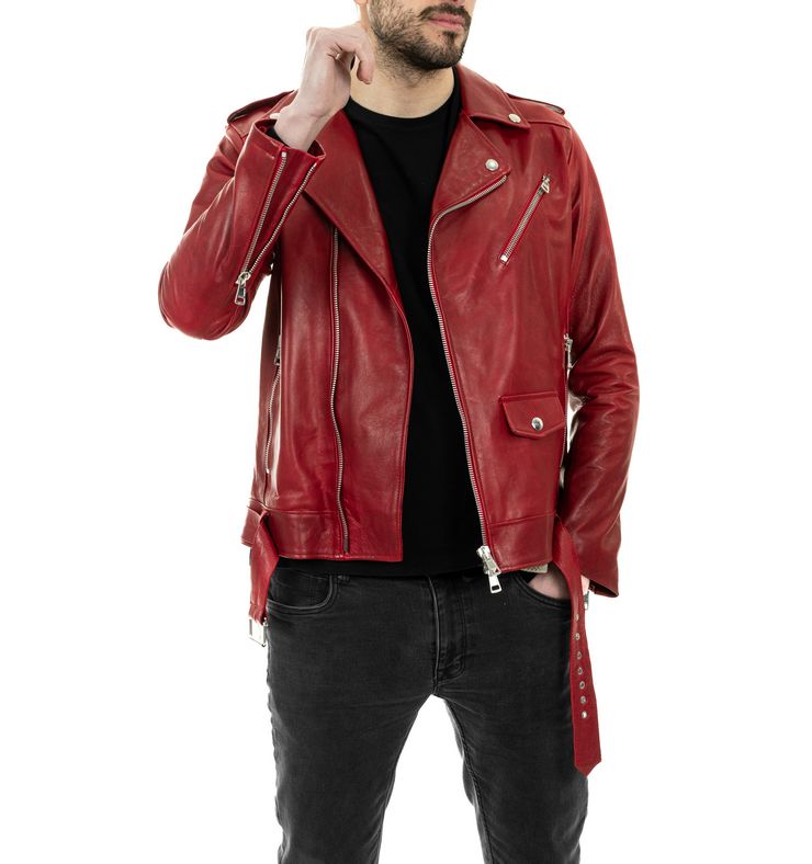 Chiodo Biker da uomo in vera pelle rosso - immagine 4