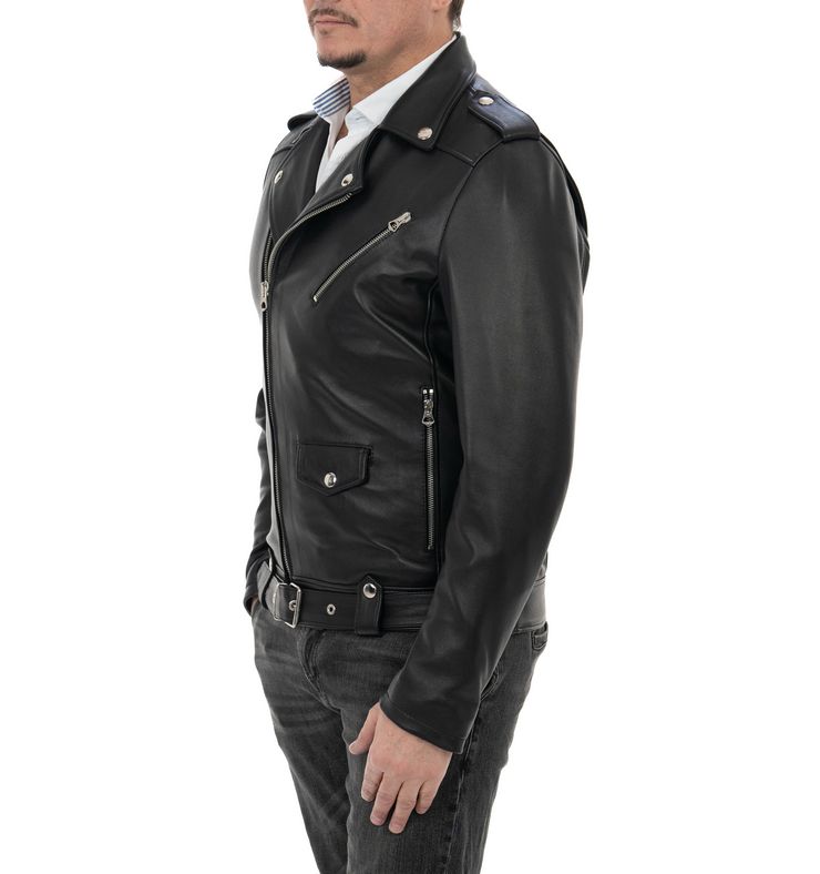Biker da uomo in vera pelle nero - immagine 2
