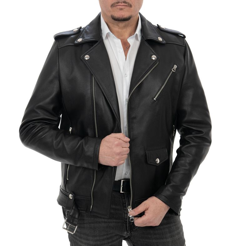 Biker da uomo in vera pelle nero - immagine 3