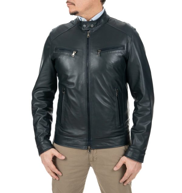 Biker da uomo in vera pelle blu