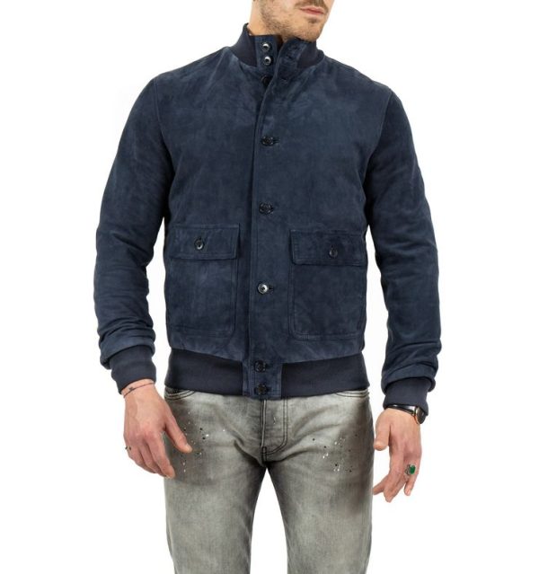 Giubbotto da uomo scamosciato in vera pelle blu