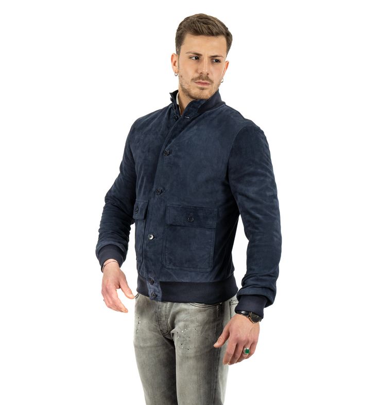 Giubbotto da uomo scamosciato in vera pelle blu - immagine 2