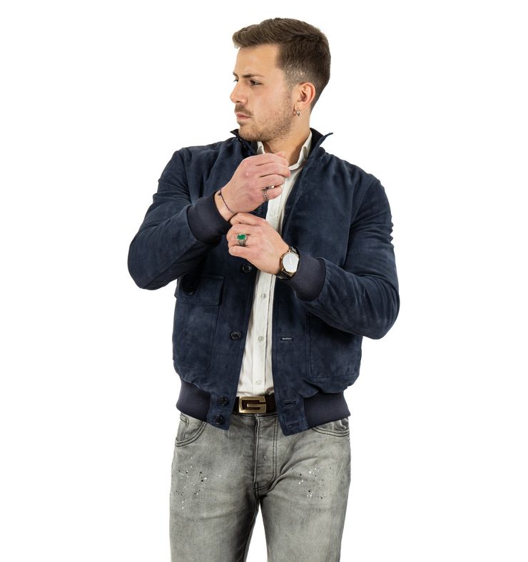 Giubbotto da uomo scamosciato in vera pelle blu - immagine 3