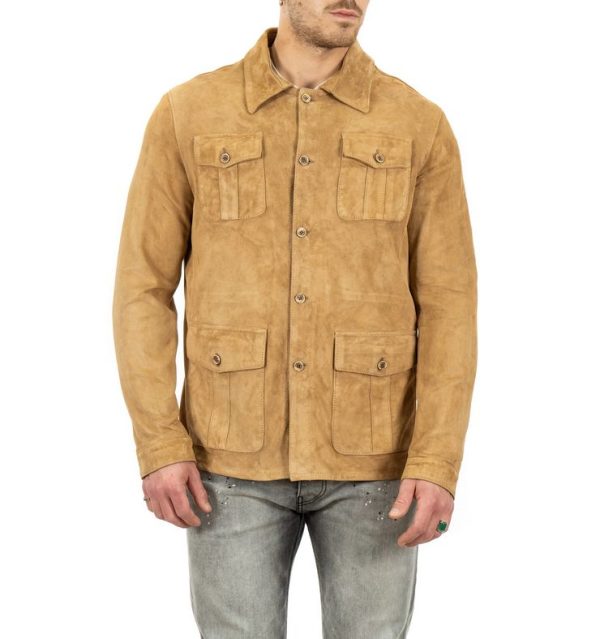 Giacca da uomo scamosciata in vera pelle camel