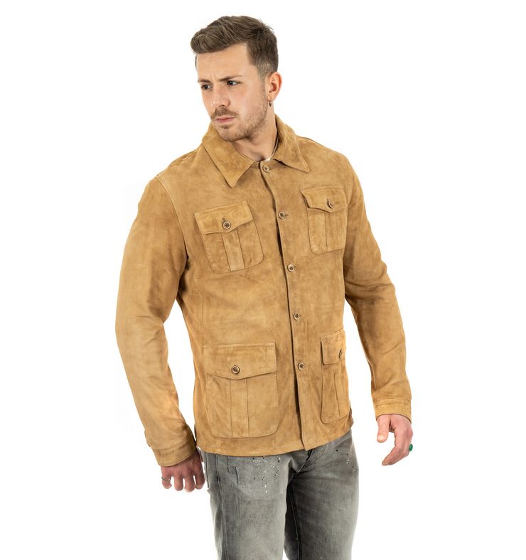 Giacca da uomo scamosciata in vera pelle camel - immagine 2