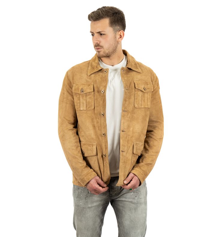 Giacca da uomo scamosciata in vera pelle camel - immagine 3