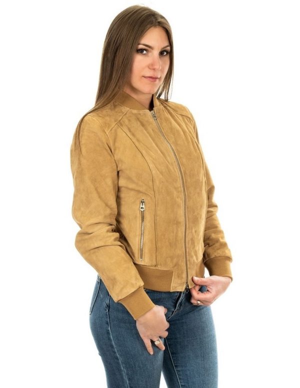 bomber da donna in vera pelle scamosciato camel