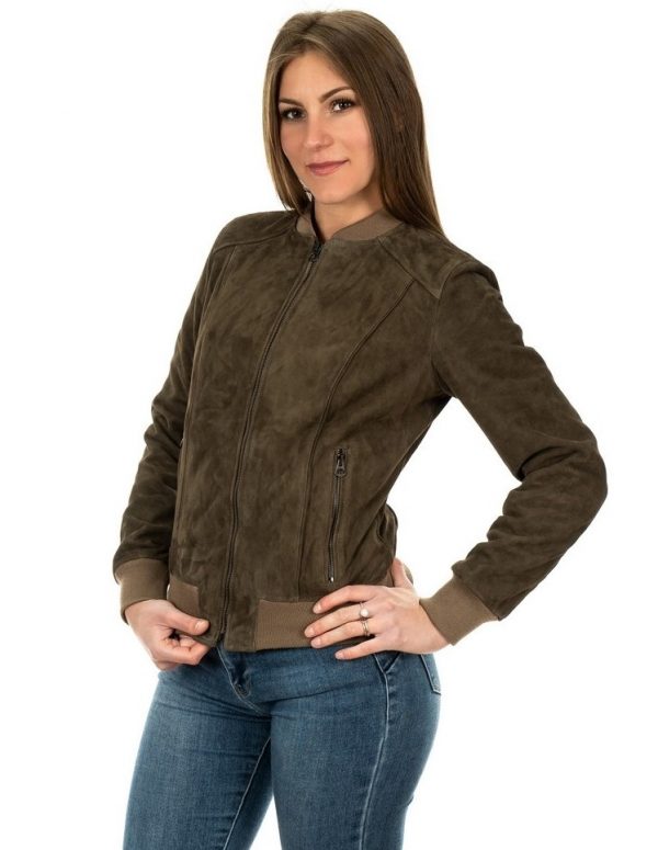 bomber da donna in vera pelle scamosciato fango