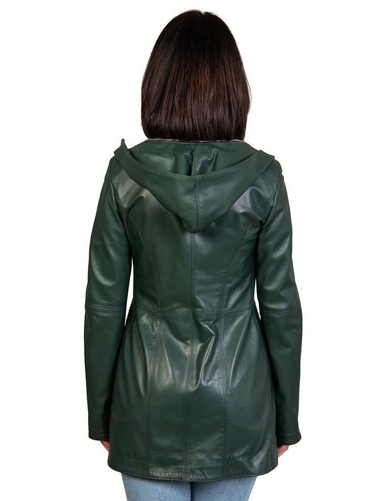 cappottino da donna in vera pelle verde con cappuccio