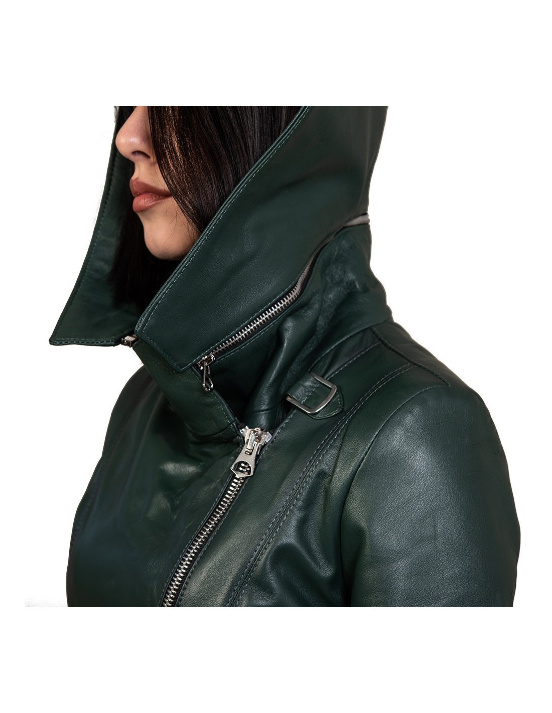 cappottino da donna in vera pelle verde con cappuccio