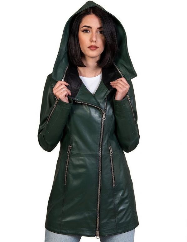 cappottino da donna in vera pelle verde con cappuccio