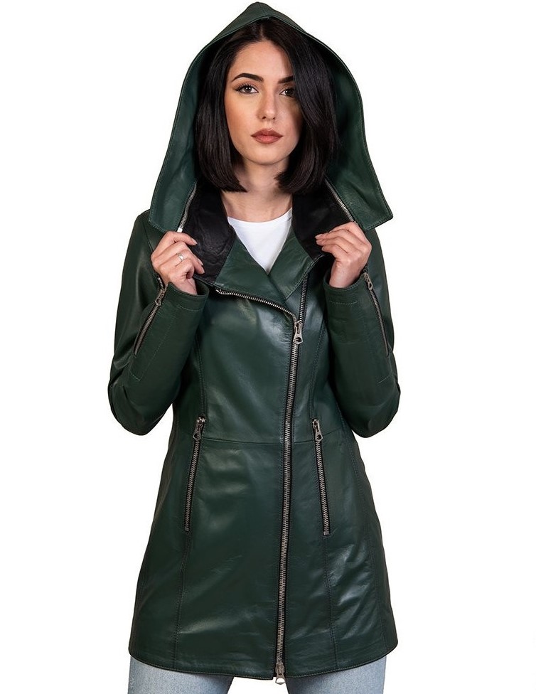 cappottino da donna in vera pelle verde con cappuccio