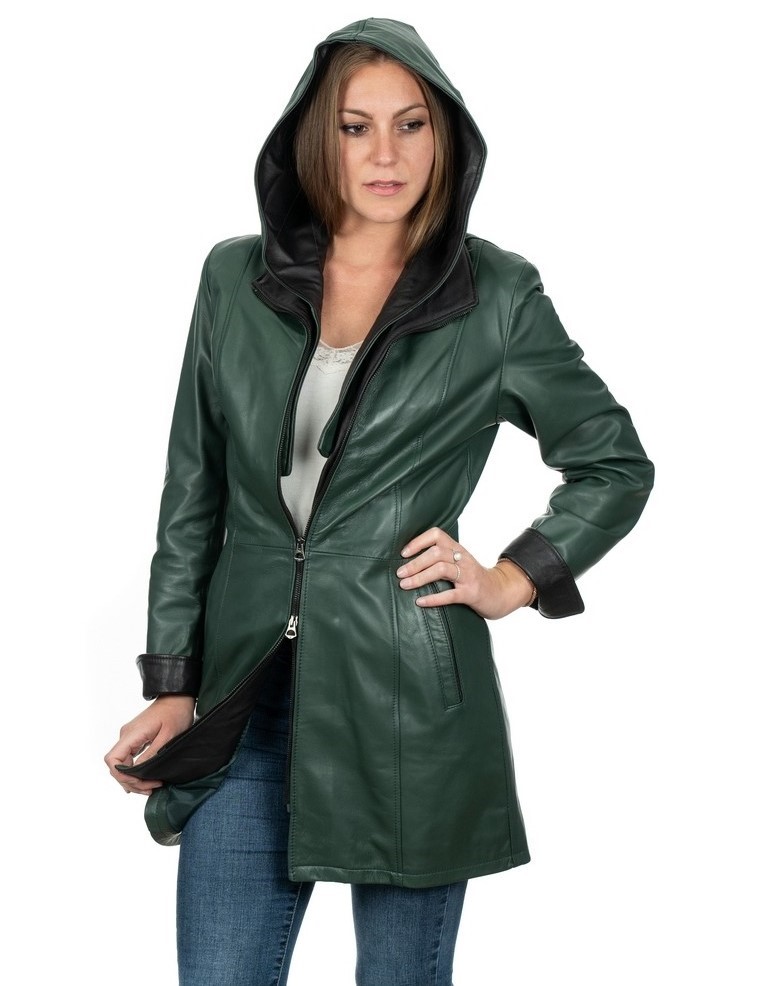 cappottino lungo da donna in vera pelle verde