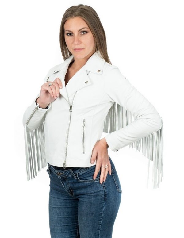 chiodo da donna in vera pelle bianco con frangia