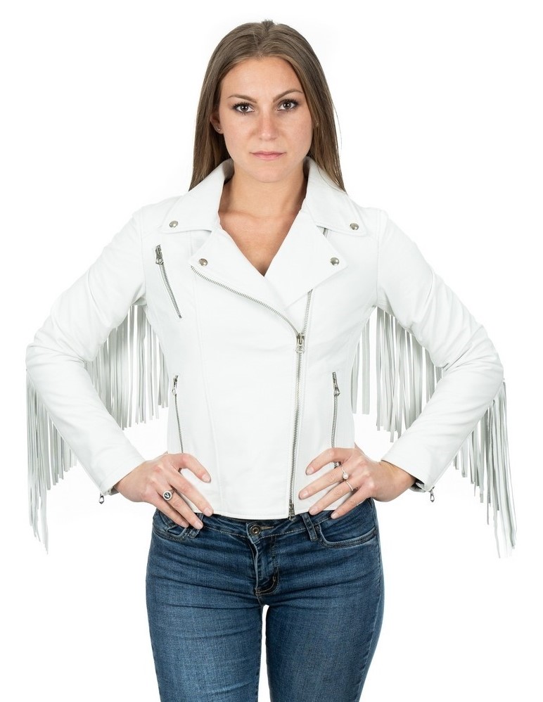 chiodo da donna in vera pelle bianco con frangia