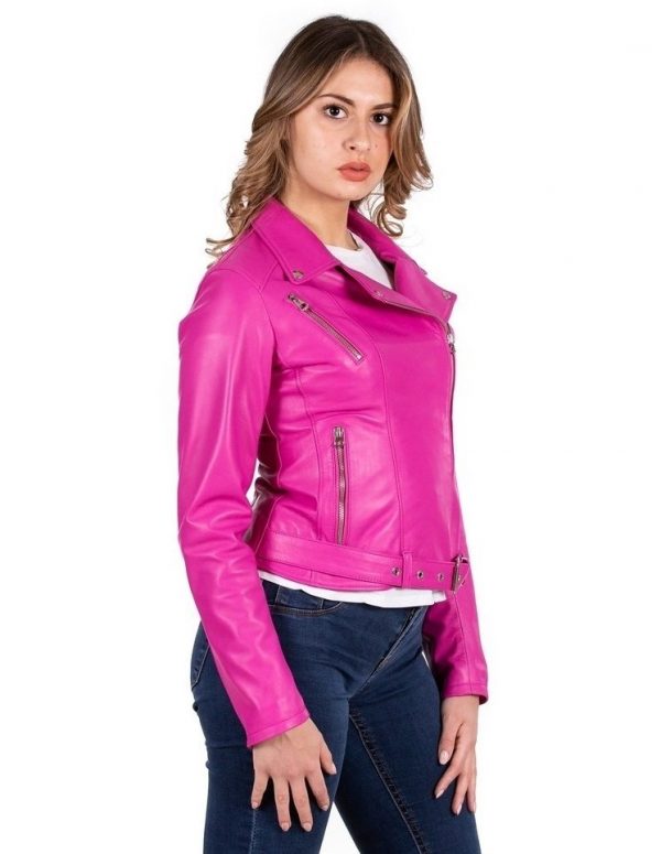 chiodo da donna in vera pelle fucsia