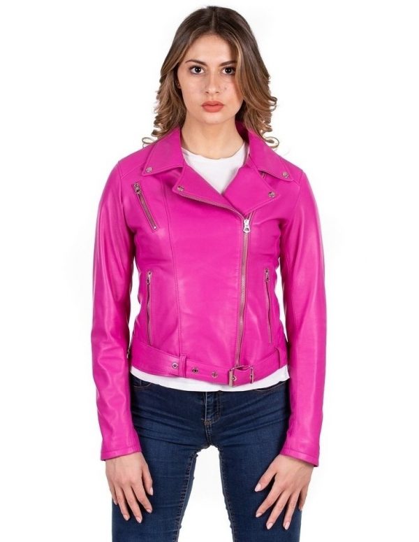 Chiodo da donna in vera pelle fucsia