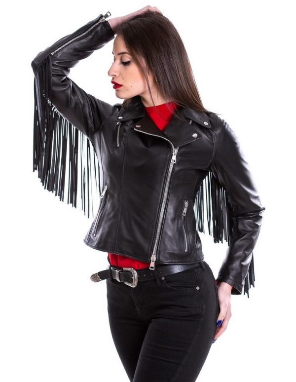 chiodo da donna in vera pelle nero con frangia