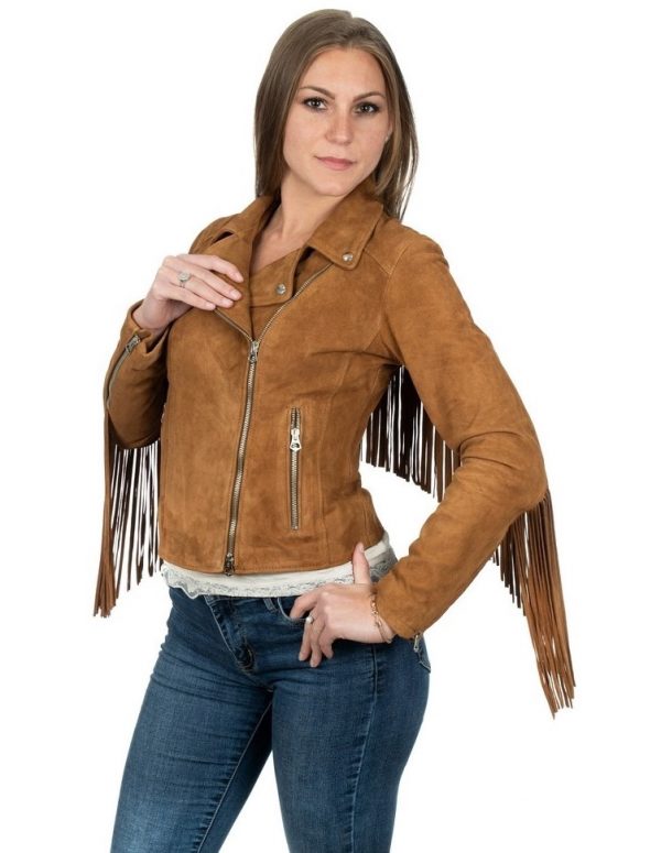 chiodo da donna in vera pelle scamosciato cuoio con frangia