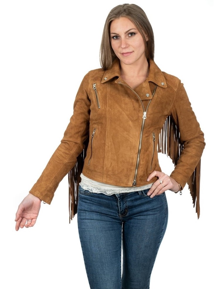 chiodo da donna in vera pelle scamosciato cuoio con frangia