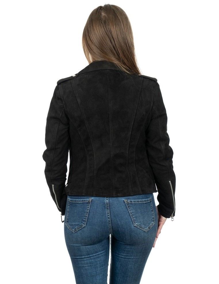 chiodo da donna in vera pelle scamosciato nero