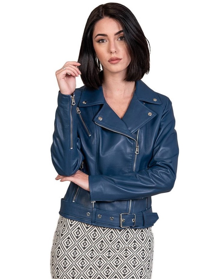 chiodo da donna vera pelle blu