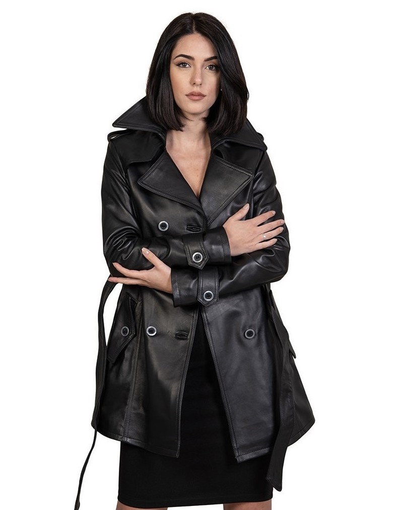 trench da donna in vera pelle nero