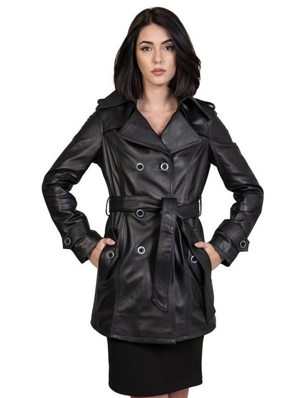trench da donna in vera pelle nero