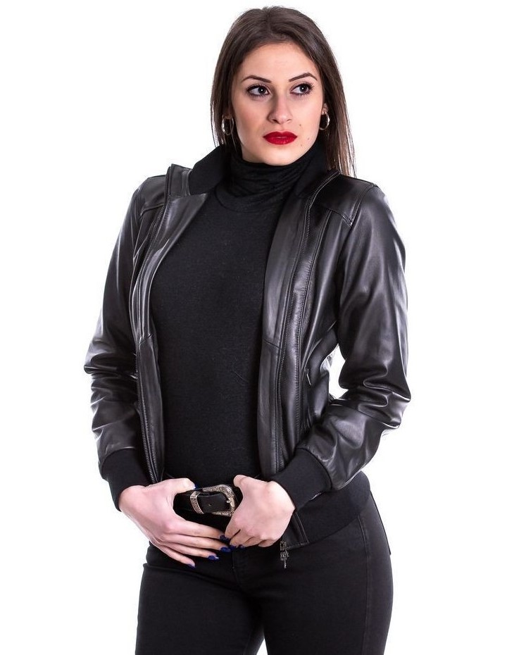 bomber da donna in vera pelle nero