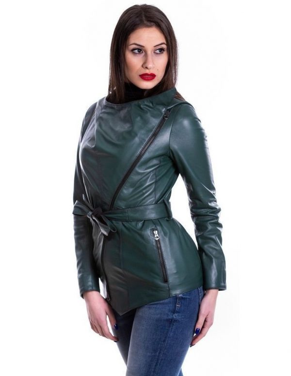 giacca da donna in vera pelle verde con cappuccio