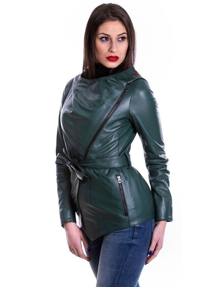 giacca da donna in vera pelle verde con cappuccio