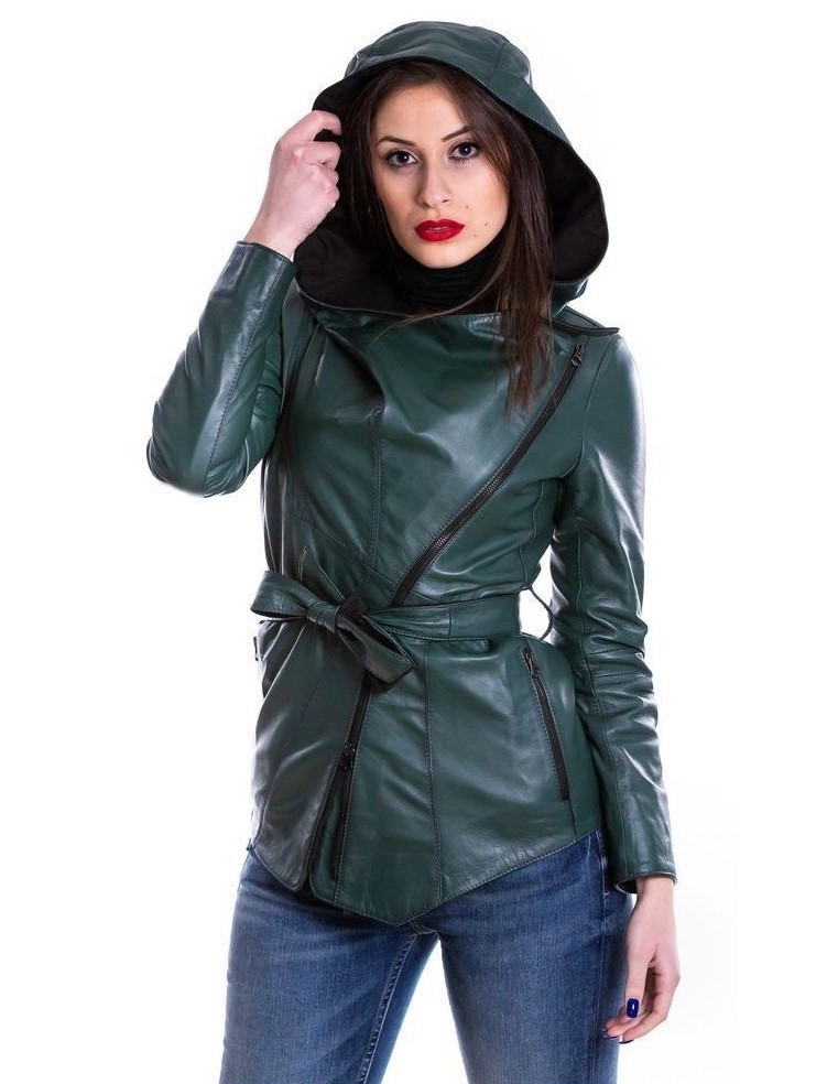 giacca da donna in vera pelle verde con cappuccio