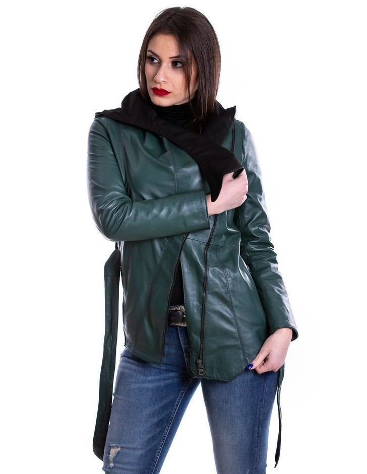 giacca da donna in vera pelle verde con cappuccio