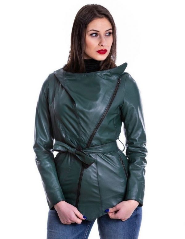 giacca da donna in vera pelle verde con cappuccio